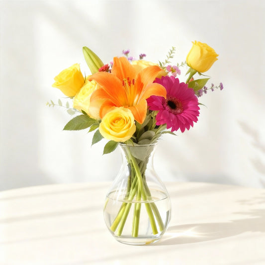 Regular size bright mixed flower arrangement with orange lilies, pink gerberas, and fresh greenery in a clear glass vase — Fresh flowers Vista CA.