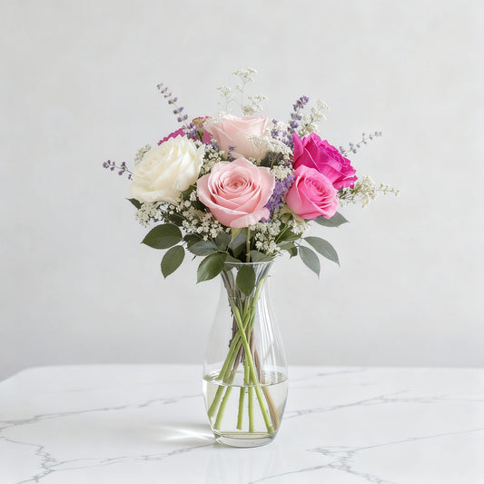 Regular size pink and white fresh flower arrangement with roses, peonies, daisies, and greenery in a clear glass vase — North County San Diego flower delivery.