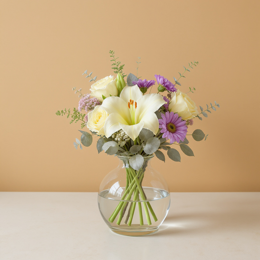 Blushing Harmony – Yellow Lily & Violet Bloom Vase Arrangement