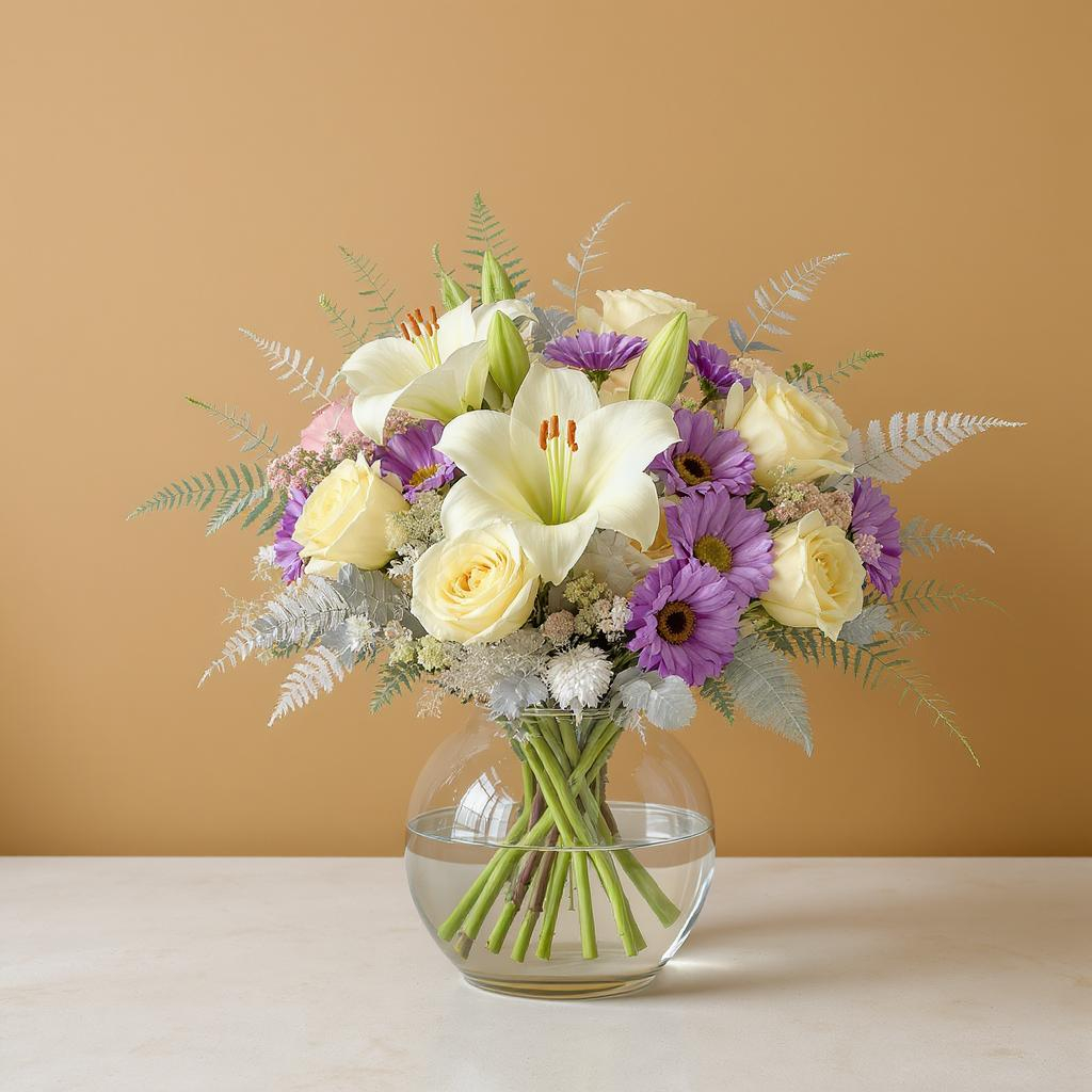 Blushing Harmony – Yellow Lily & Violet Bloom Vase Arrangement