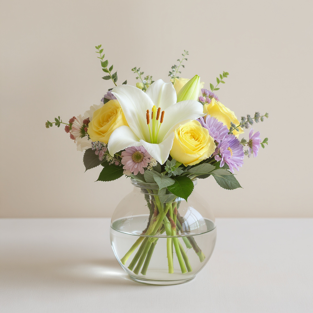 Sunshine Harmony – White Lily, Yellow Rose & Lavender Aster Bouquet