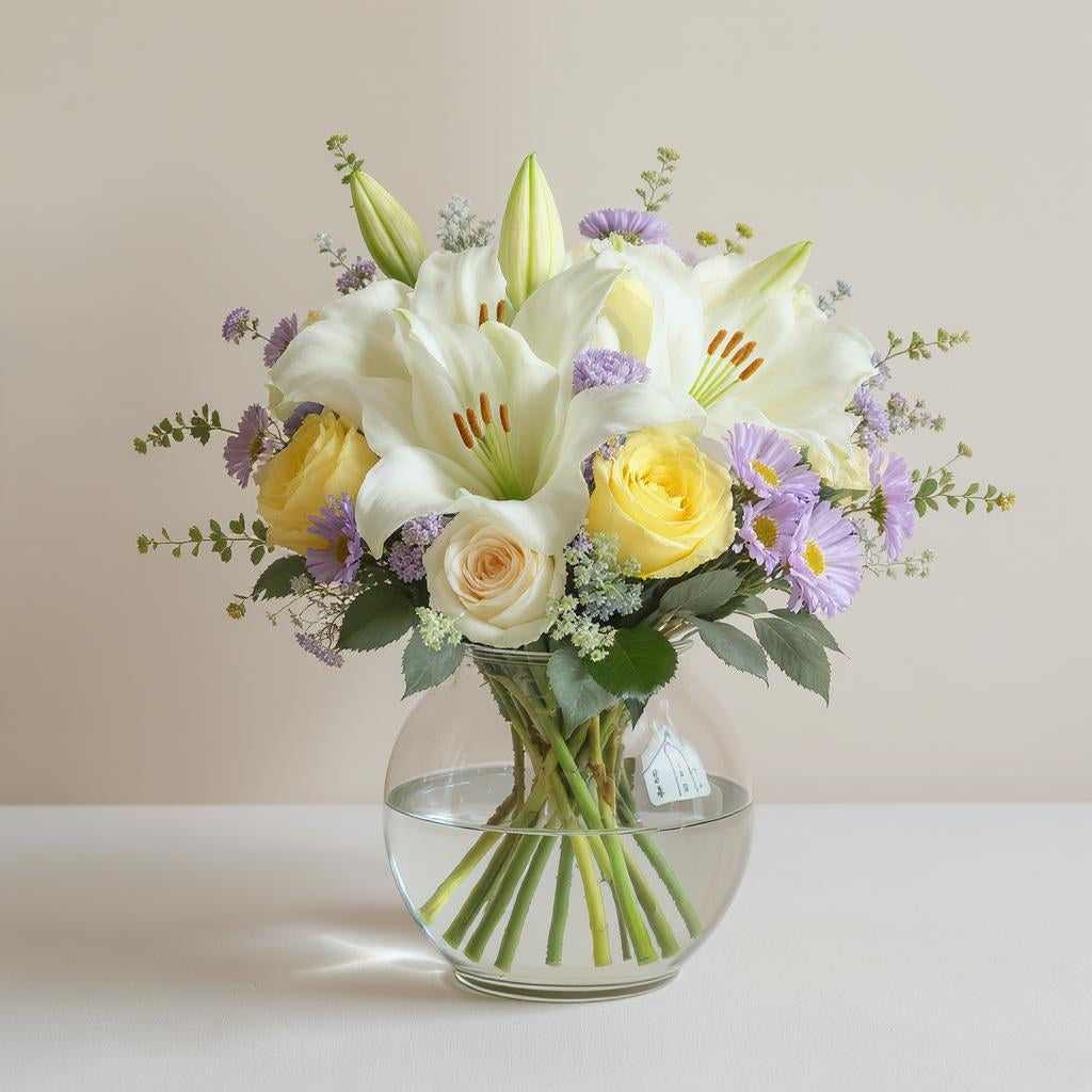 Deluxe size elegant white lily and yellow rose arrangement with pastel blooms and lush greenery in a clear round vase — Escondido flower delivery.
