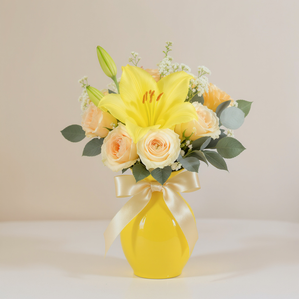 Golden Bloom Harmony – Yellow Lily & Cream Rose Bouquet