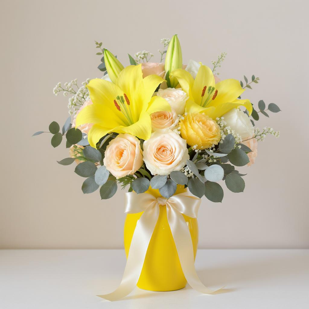 Golden Bloom Harmony – Yellow Lily & Cream Rose Bouquet