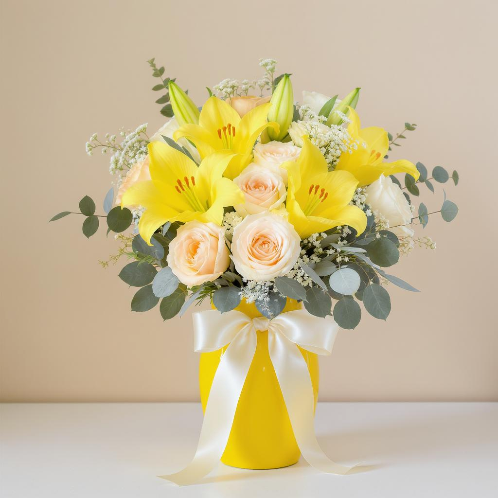 Golden Bloom Harmony – Yellow Lily & Cream Rose Bouquet