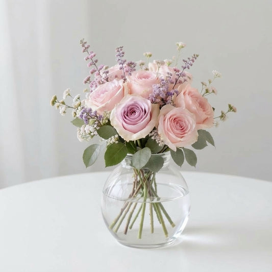 Regular size pastel pink and lavender rose bouquet with soft greenery in a clear round vase — fresh flowers Escondido CA.