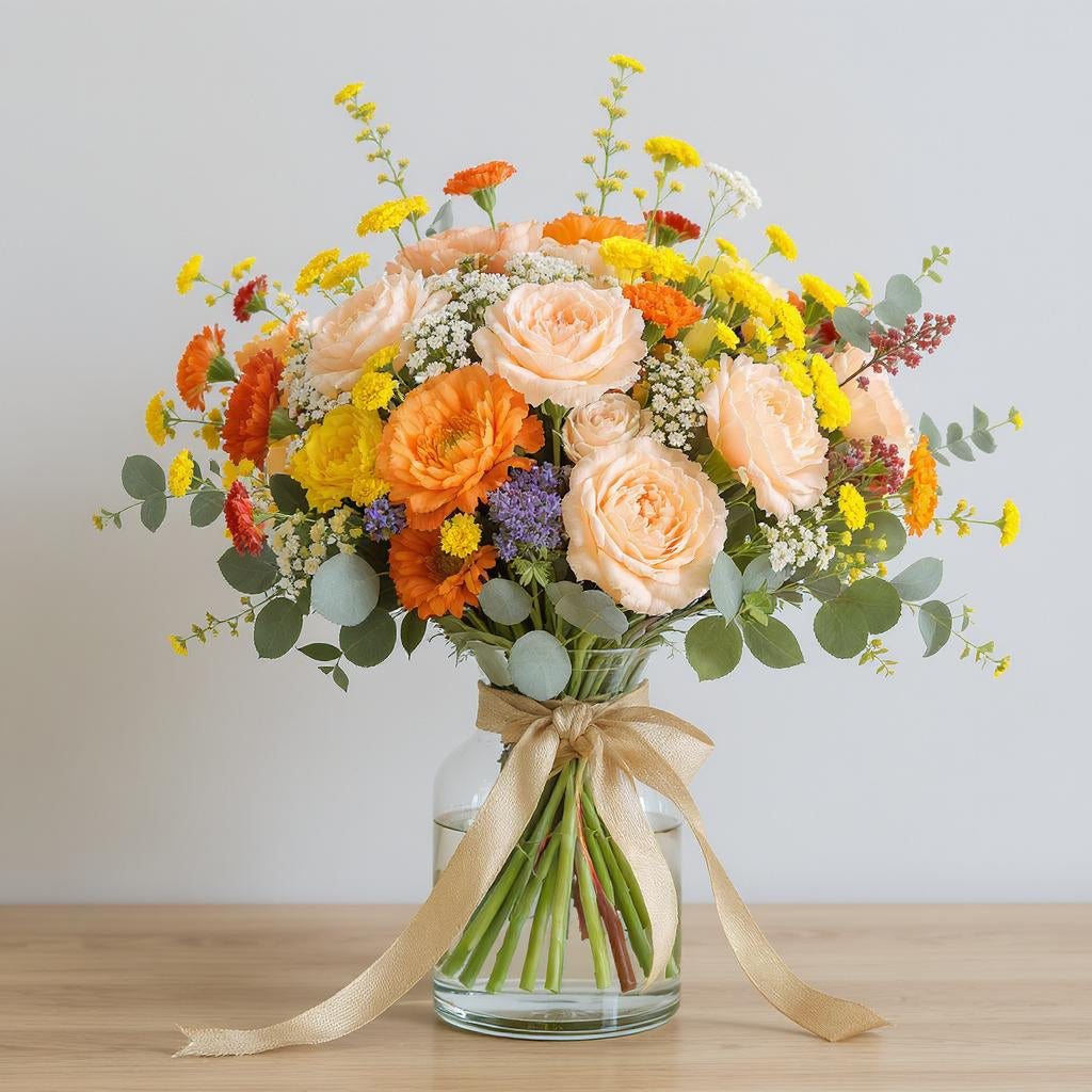 Premium size vibrant peach rose and yellow floral arrangement with full greenery in a clear vase tied with a satin ribbon — Oceanside florist.