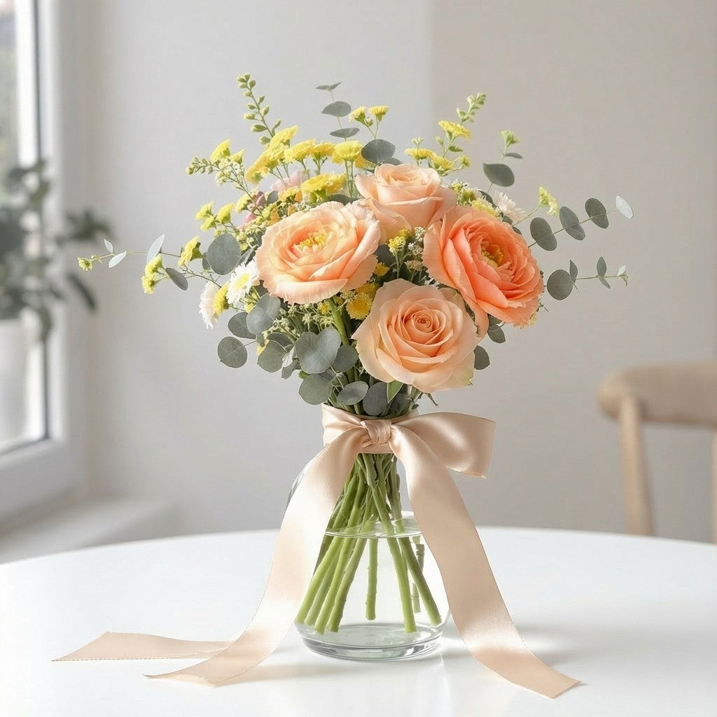 Regular size peach rose and yellow flower bouquet with eucalyptus in a clear vase tied with a satin ribbon — Oceanside florist.