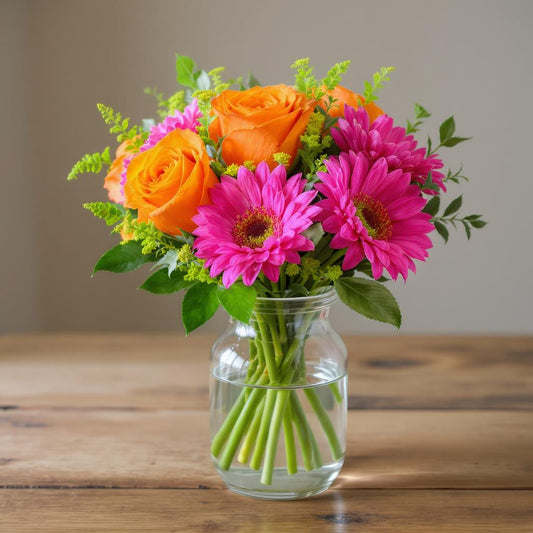 Regular size bright orange rose and hot pink gerbera daisy bouquet with greenery in a clear vase — Carlsbad flower delivery.