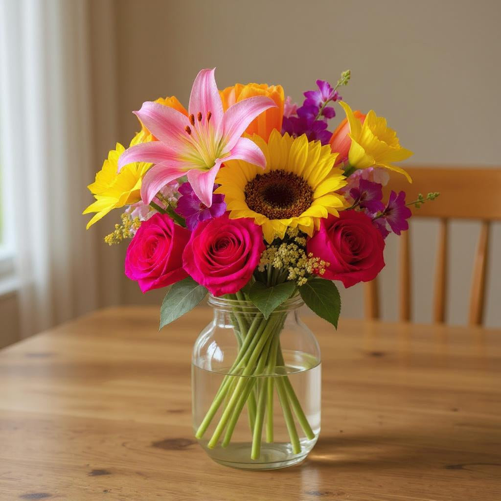 Deluxe size mixed floral bouquet featuring pink lilies, bright roses, yellow daisies, and lush greenery arranged in a clear glass vase on a wooden table — Carlsbad florist.