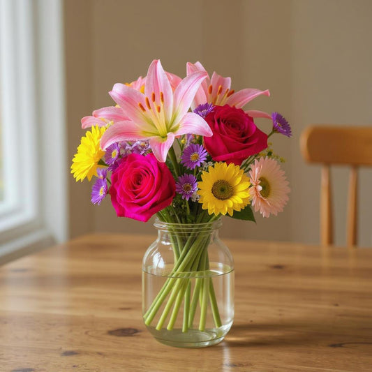 Regular size mixed floral arrangement with pink lilies, hot pink roses, yellow daisies, and assorted greenery in a clear glass vase on a wooden table — Carlsbad florist.