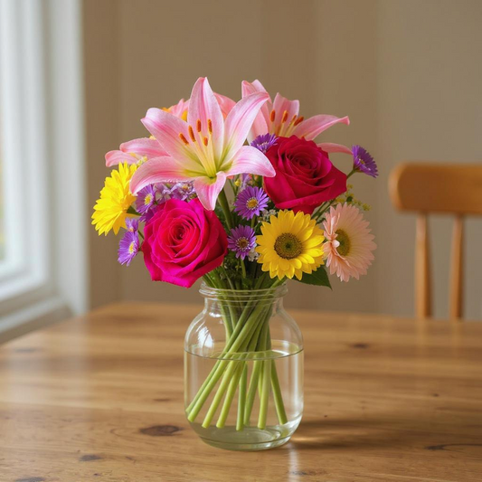 Sun-Kissed Joy – Pink Lily & Sunflower Bloom in Vase