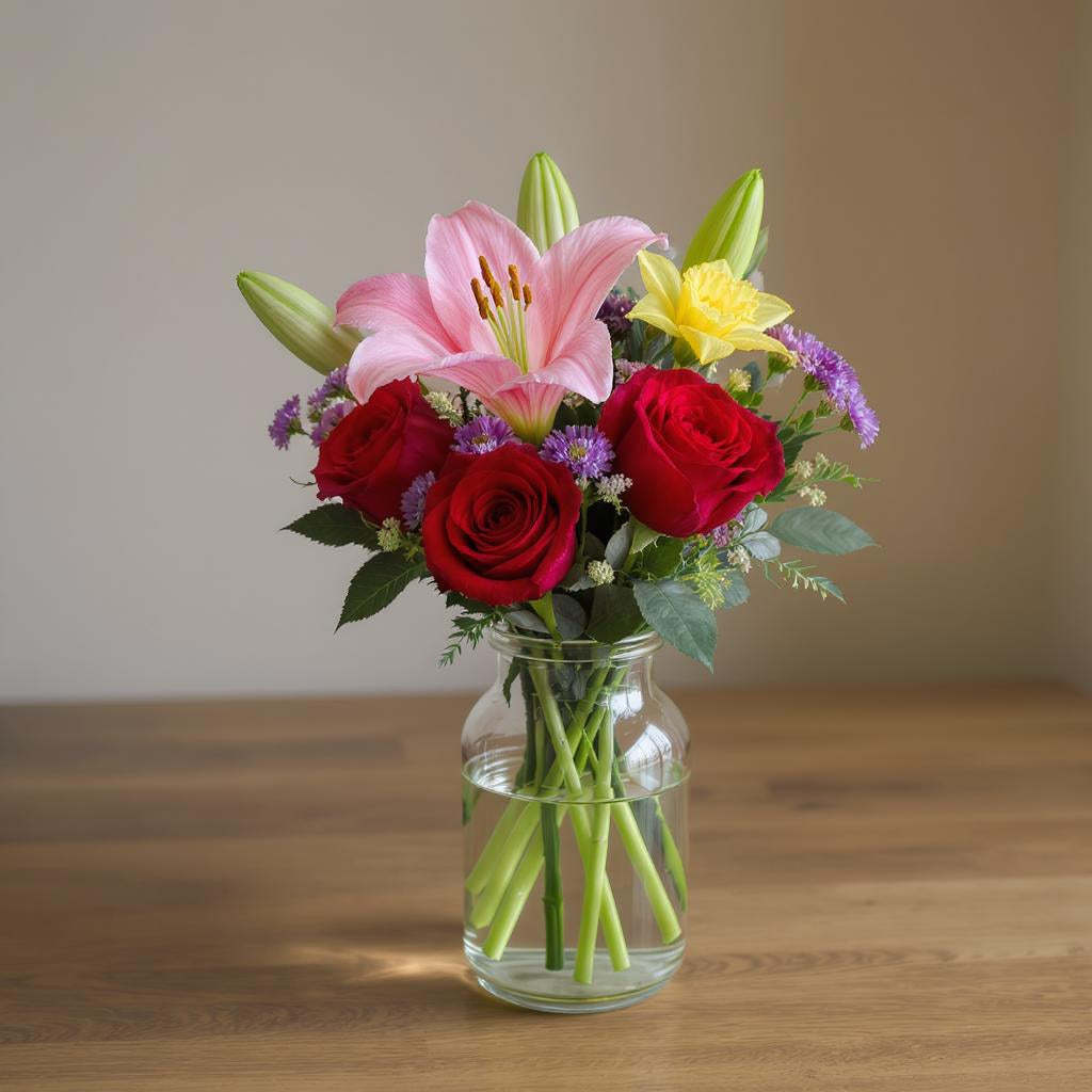 Regular size vibrant floral arrangement featuring pink lilies, red roses, yellow accent blooms, purple filler flowers, and greenery arranged in a clear mason jar vase — Fresh flowers San Marcos CA.