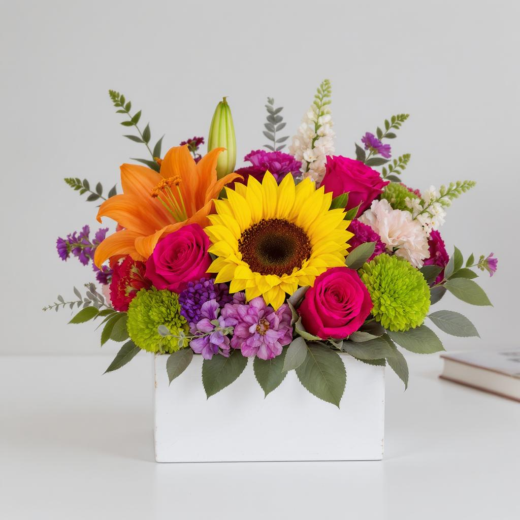 Sunshine Bloom Box – Vibrant Sunflower & Lily Arrangement