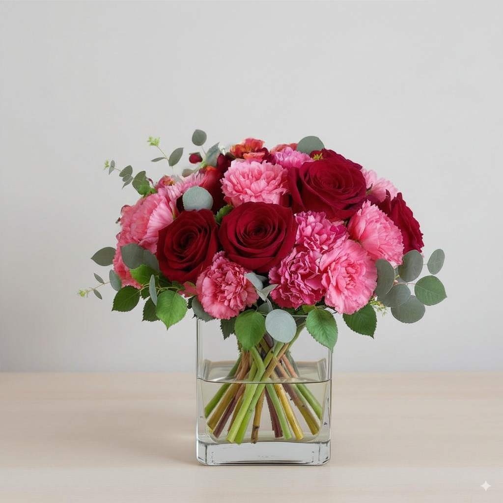 Blushing Harmony – Red Rose & Pink Carnation Cube Arrangement