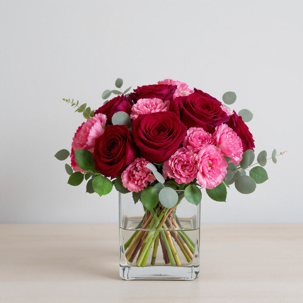 Extra full size vibrant red and pink floral arrangement with roses, carnations, and full greenery in a clear square vase — San Marcos flower delivery.