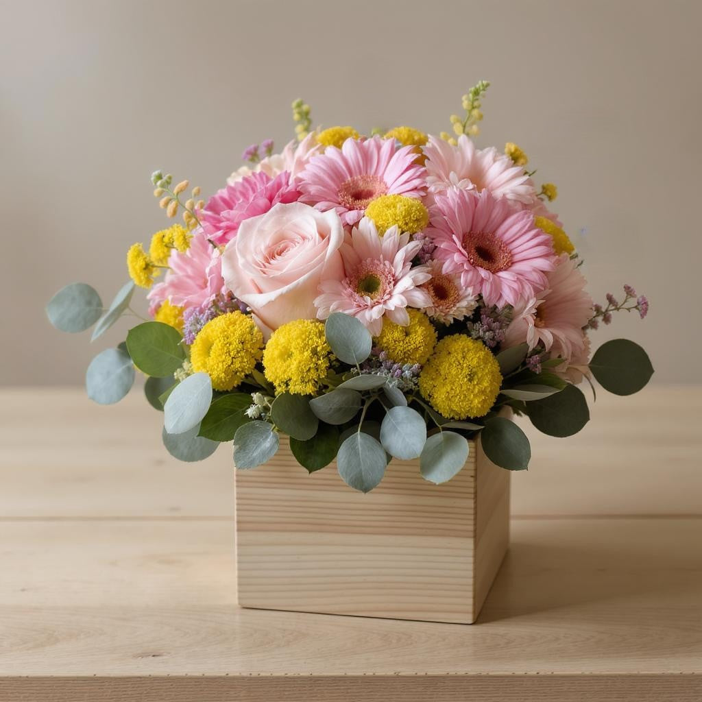 Premium size vibrant gerbera and rose arrangement featuring abundant pink gerberas, blush roses, yellow billy balls, and lush eucalyptus greenery in a wooden square container on a wooden table — Same-day flowers Carlsbad.