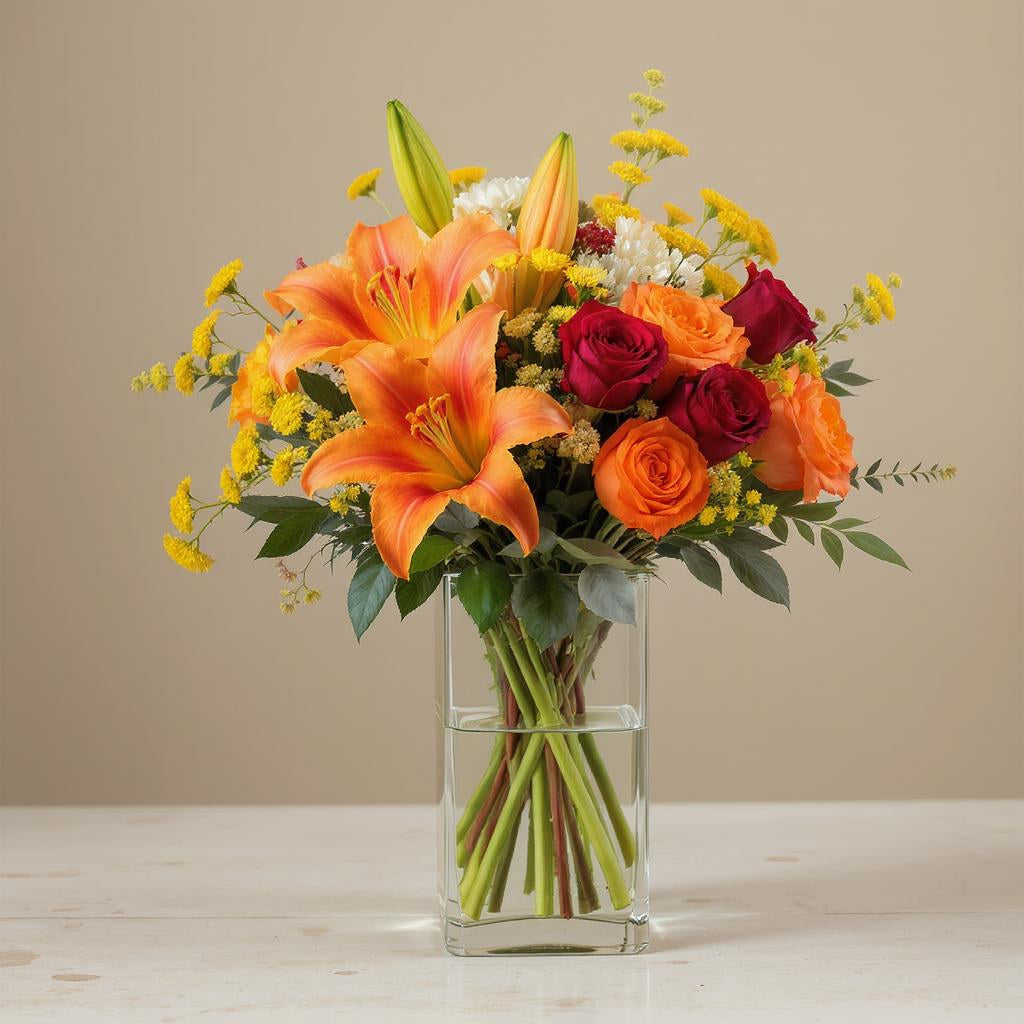 Deluxe size lily and rose bouquet with fuller orange lilies, additional red roses, bright yellow accent flowers, and enhanced greenery arranged in a clear rectangular glass vase — San Marcos flower delivery.
