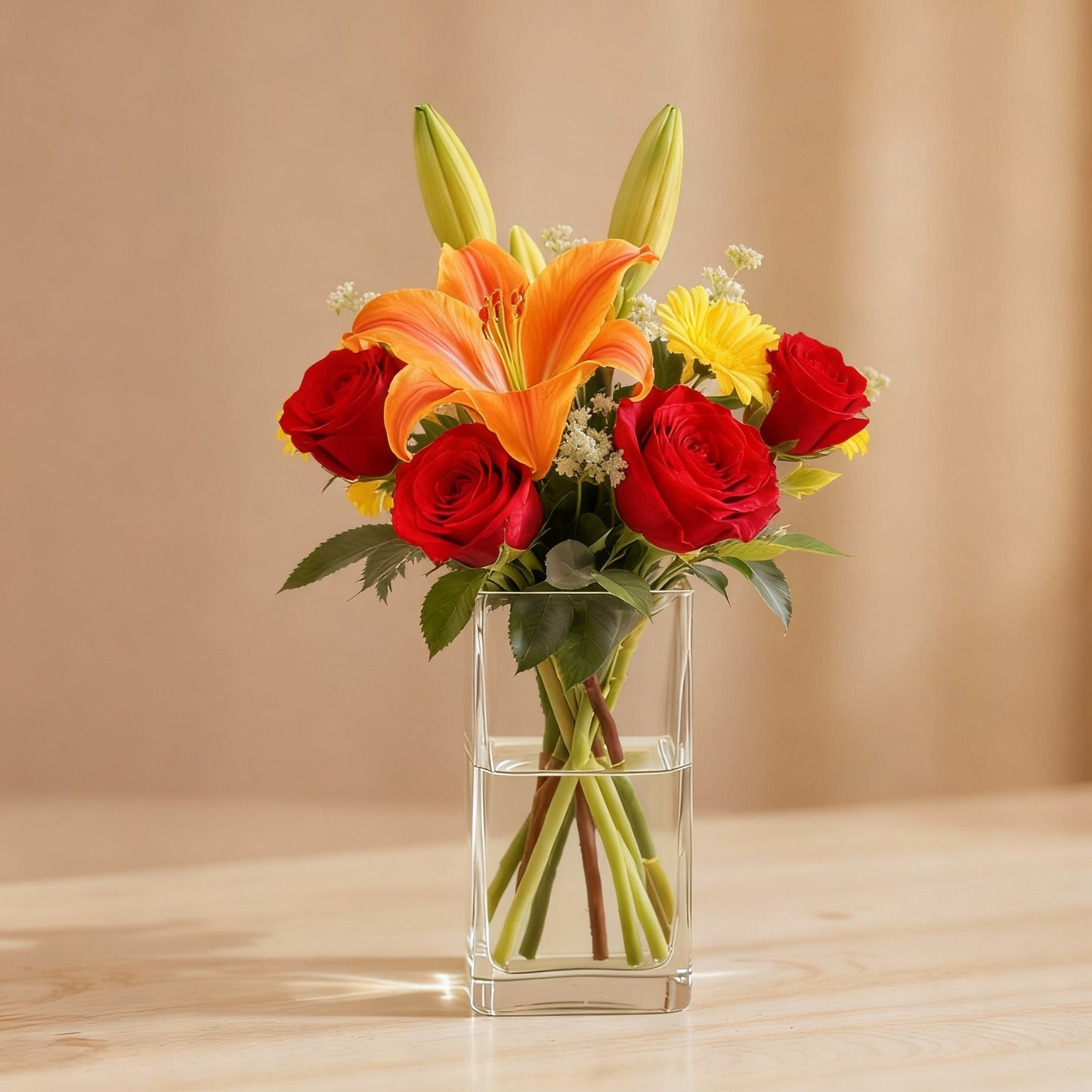 Regular size vibrant floral arrangement featuring orange lilies, red roses, yellow accent blooms, and greenery arranged in a clear rectangular glass vase — San Marcos flower delivery.