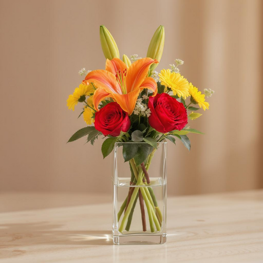 Amber Celebration – Orange Lily & Rose Vase Arrangement