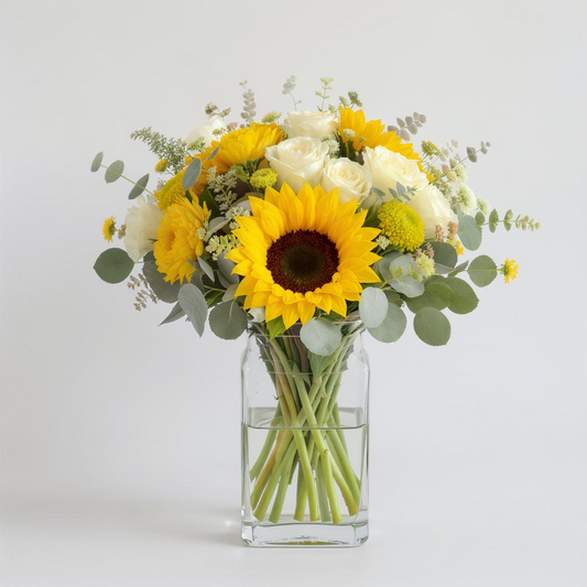Radiant Grace – Sunflower & Ivory Rose Vase Arrangement