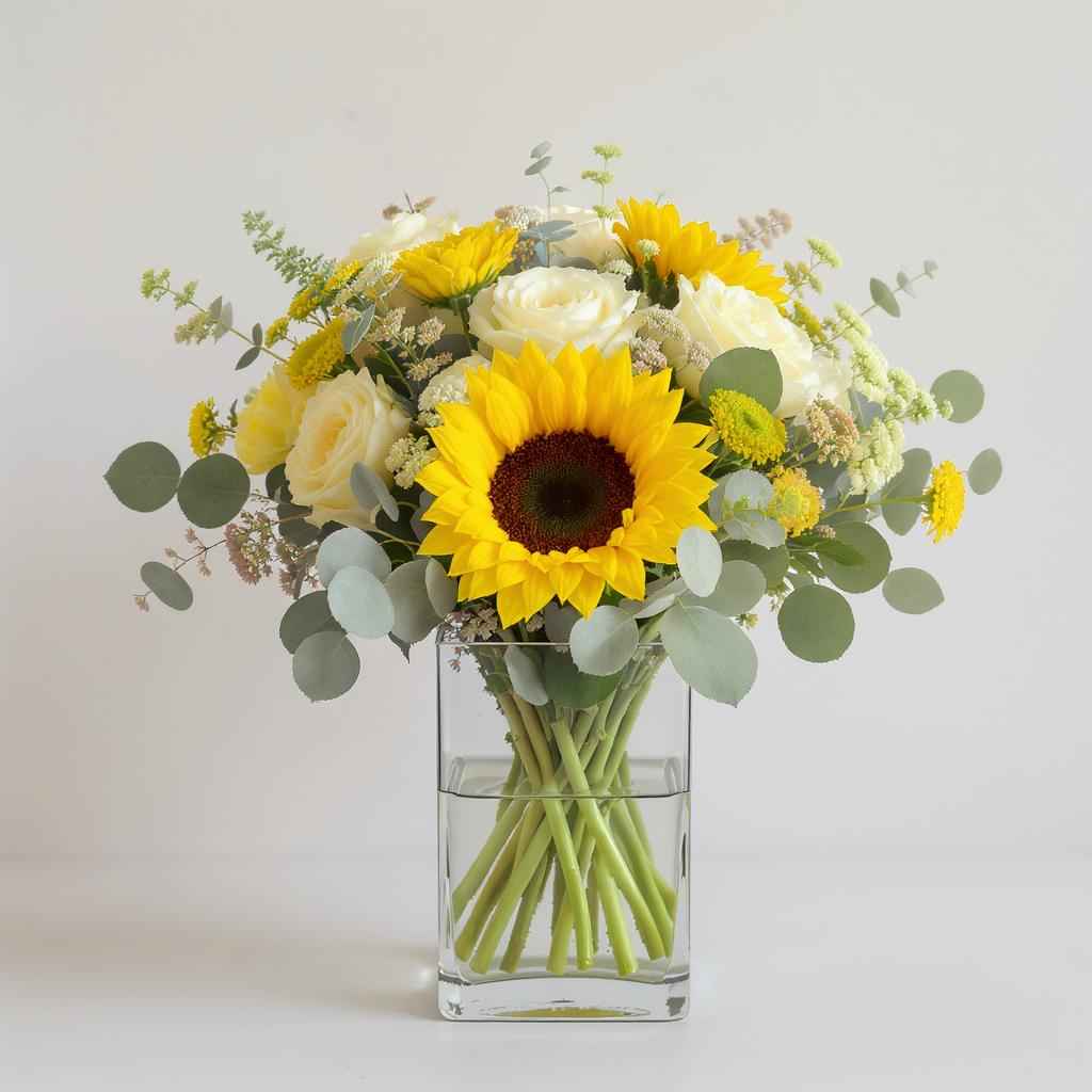 Radiant Grace – Sunflower & Ivory Rose Vase Arrangement