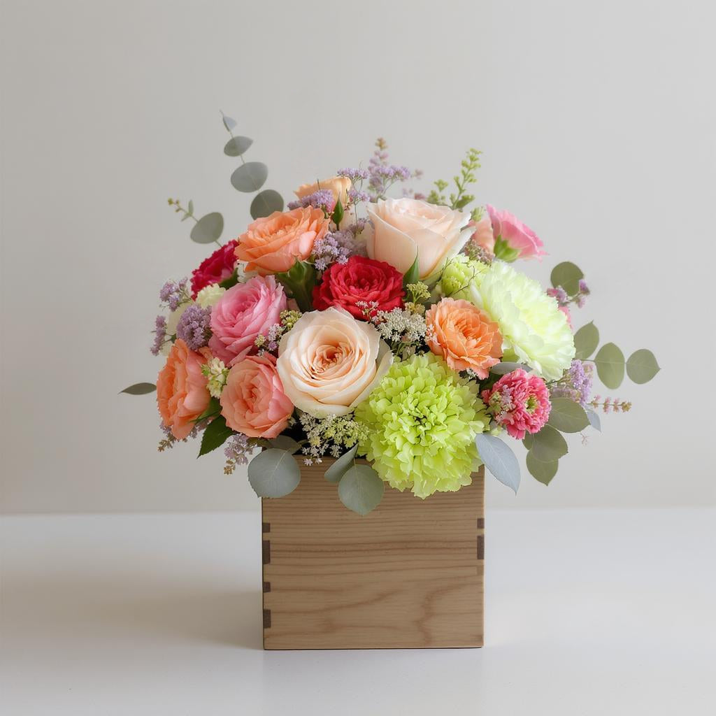 Regular size mixed flower arrangement with peach roses, green hydrangeas, pink spray roses, and eucalyptus in a wooden box — Same-day flowers Vista.