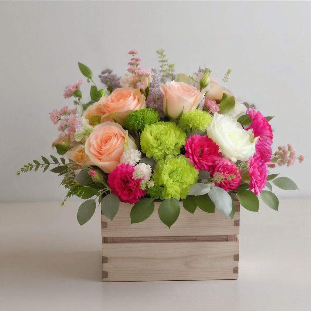 Radiant Charm – Peach, Green & Hot Pink Wooden Box Arrangement