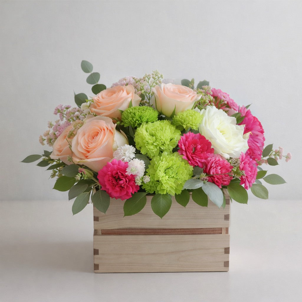 Extra full size peach and cream rose arrangement with lime green carnations in wooden box – Vista flower delivery