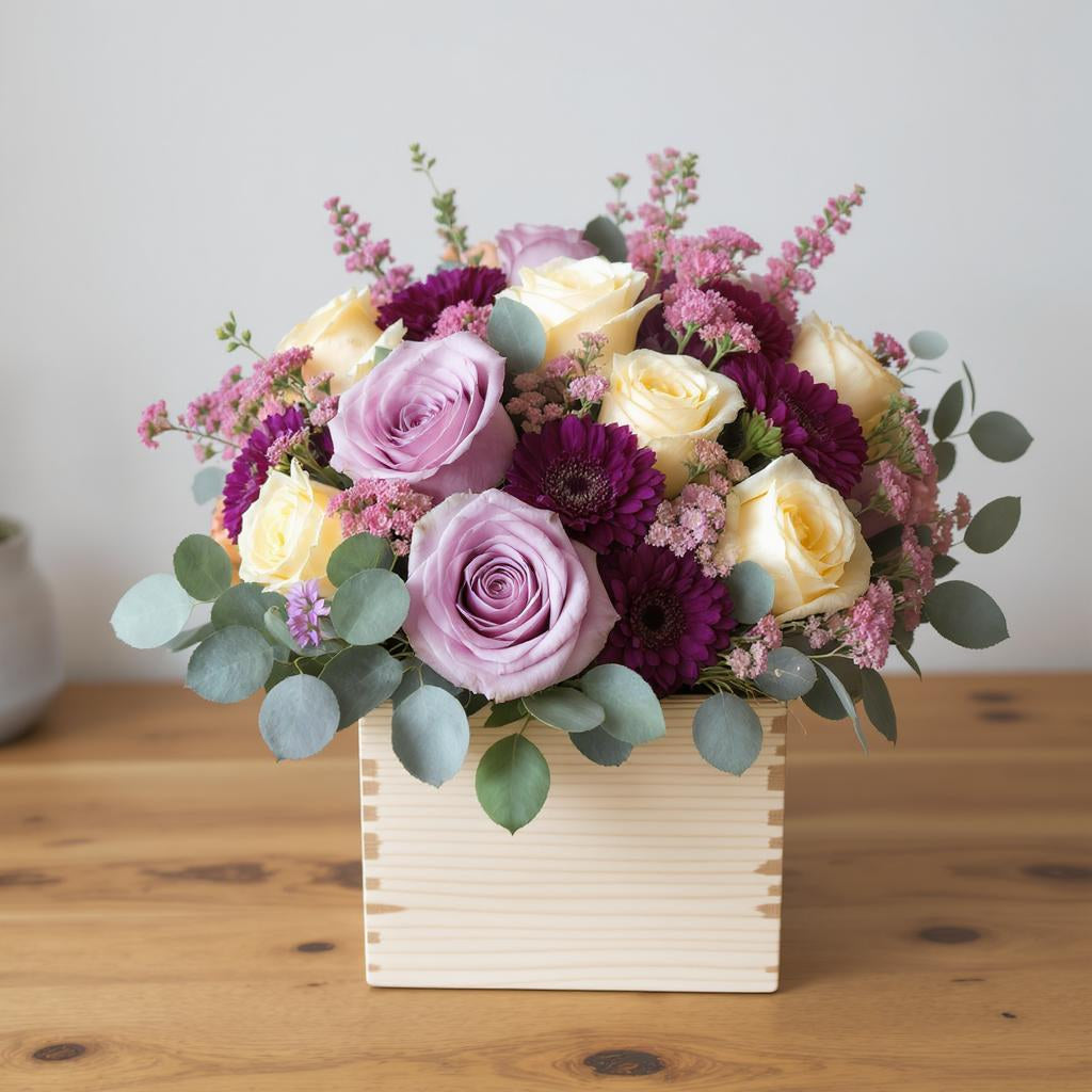 Deluxe size pastel and purple flower arrangement with roses, chrysanthemums, and eucalyptus in a wooden box, available for same-day flowers in Escondido.