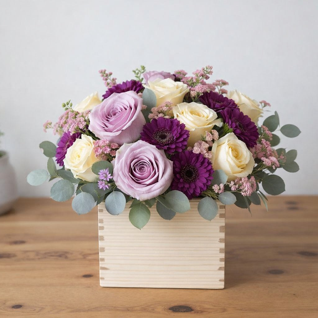 Extra full size lavender and cream roses with purple gerberas in wooden box – Escondido flower delivery
