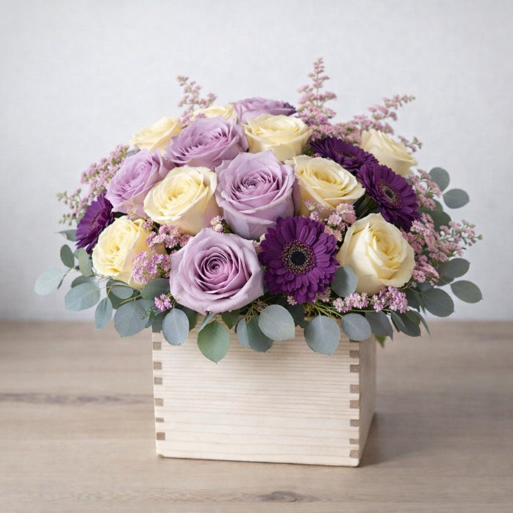 Premium lavender and cream rose arrangement with purple gerberas – Escondido flower delivery