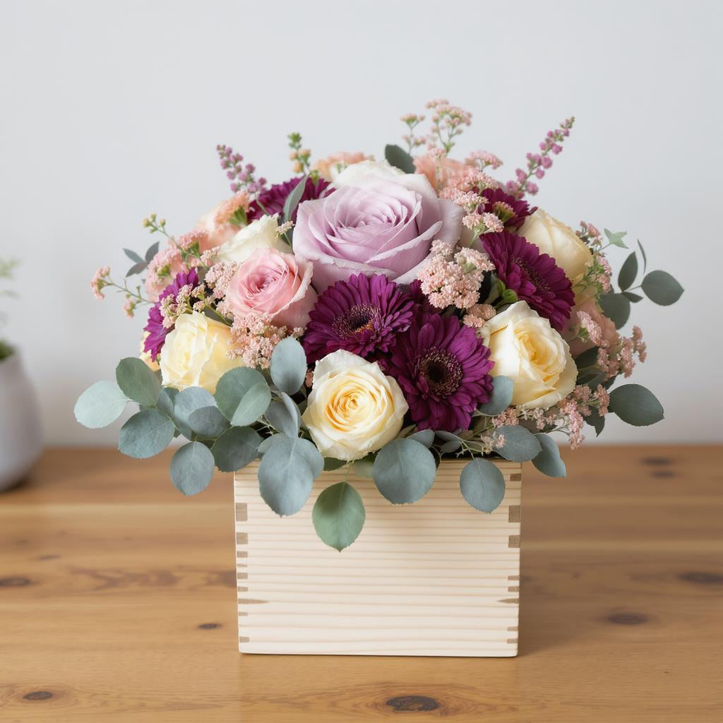 Regular size pastel and purple flower arrangement with roses, chrysanthemums, and eucalyptus in a wooden box, available for same-day flowers in Escondido.