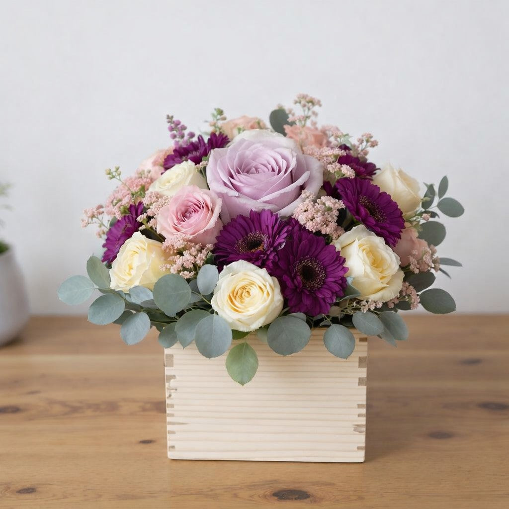 Lavender and cream rose basket with purple gerberas – Regular size flower arrangement for Escondido delivery