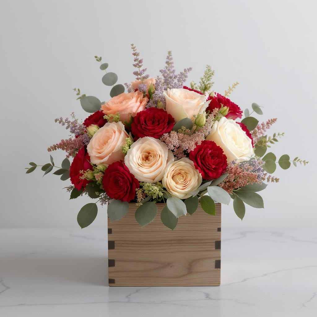 Deluxe size peach and red rose wooden box arrangement with added blooms and fuller volume on a white background – Same-day flower delivery Oceanside.