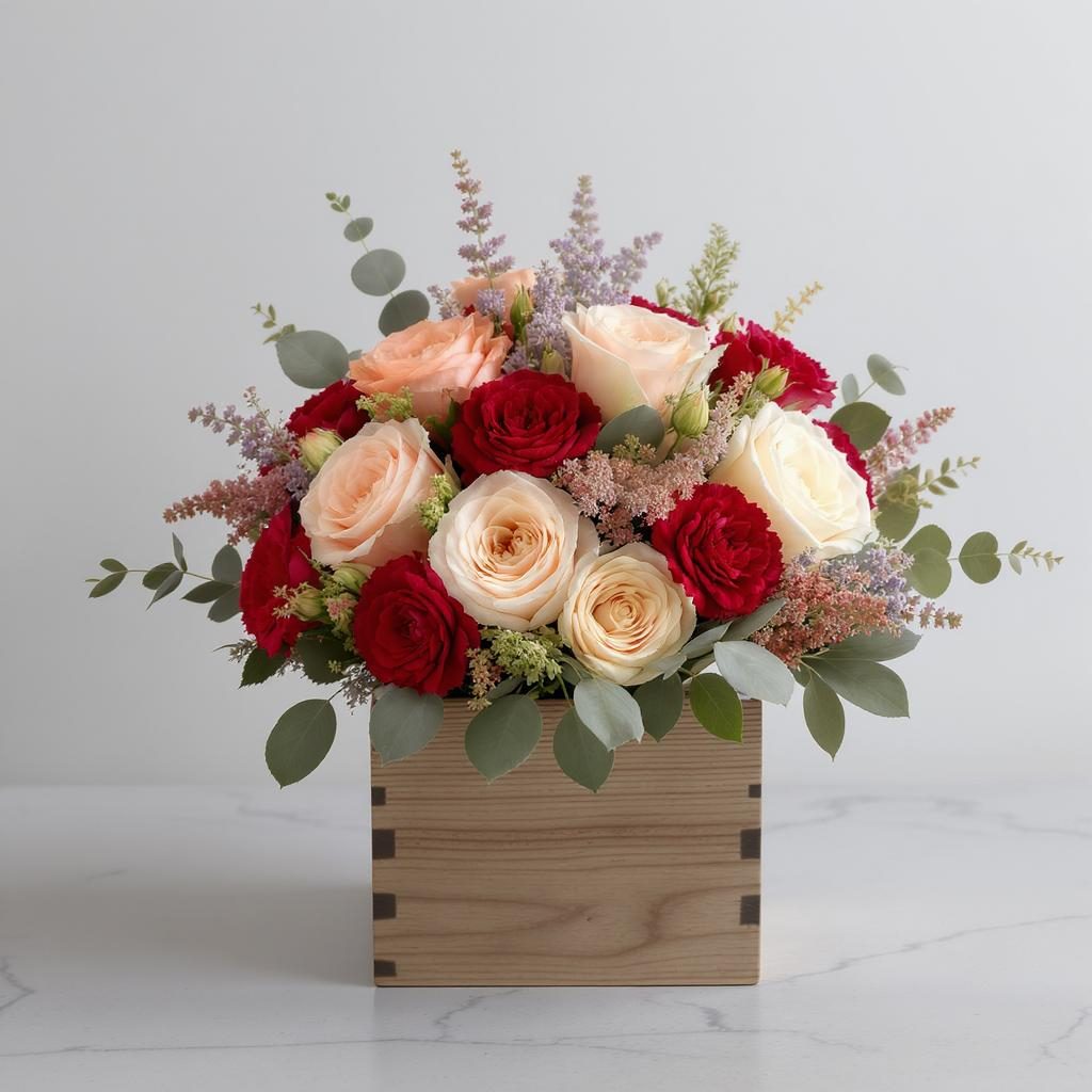 Radiant Crimson Garden – Peach, Red & White Box Arrangement