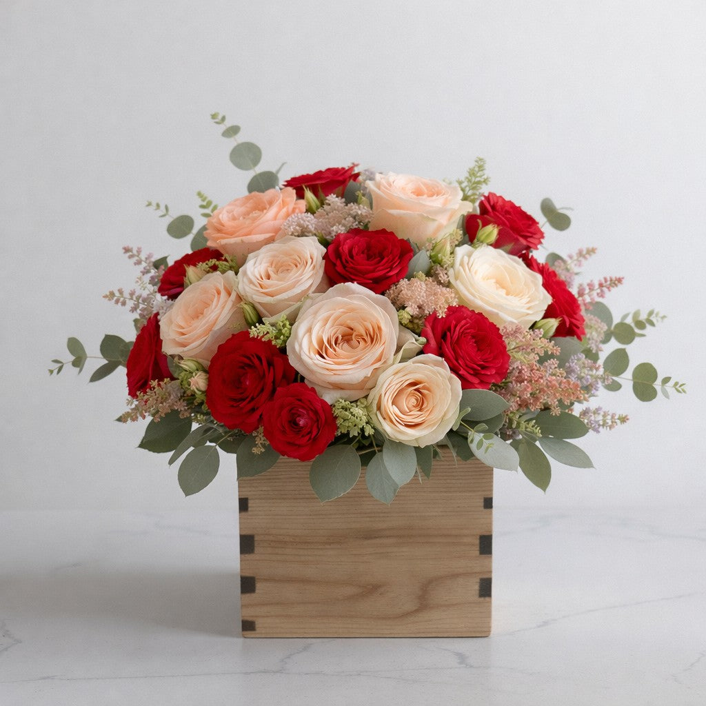 Radiant Harmony Deluxe rose arrangement with peach, cream and red roses in wooden box – Carlsbad flower delivery
