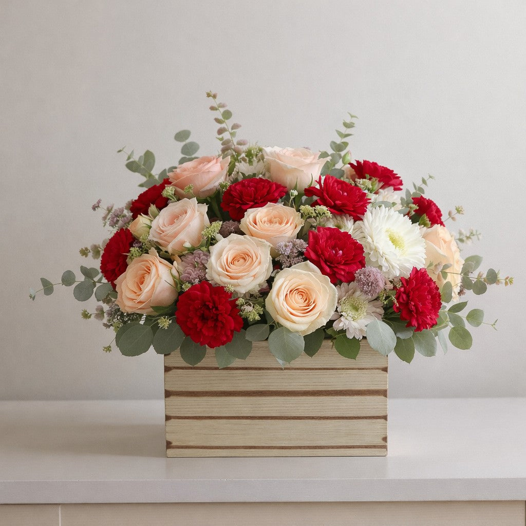 Radiant Harmony Premium luxury rose arrangement in wooden box with eucalyptus – Carlsbad flower delivery