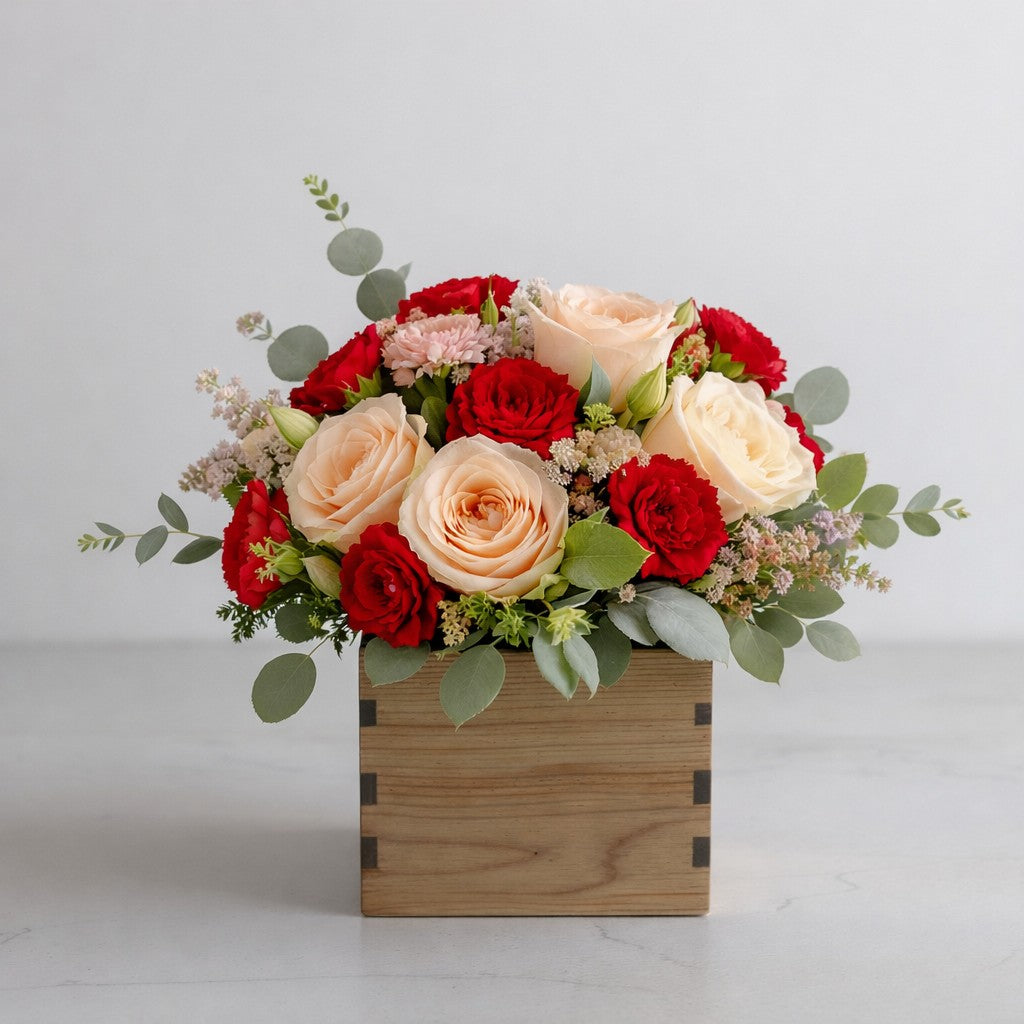 Radiant Harmony Regular flower arrangement with peach and red roses in wooden box – Carlsbad flower delivery