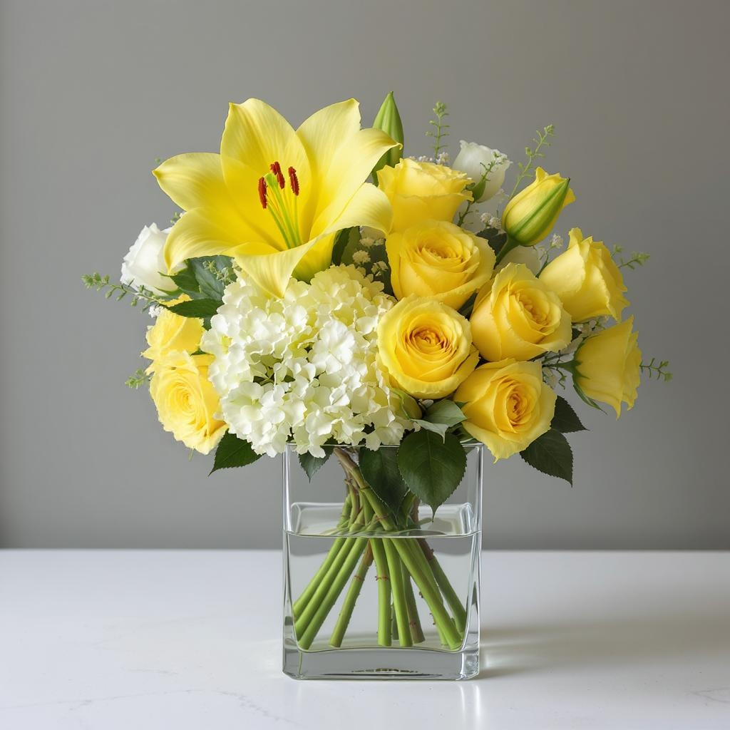 Sunshine Radiance – Yellow Lily & Rose Vase Arrangement