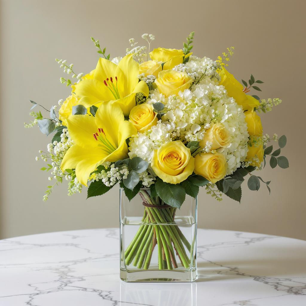 Sunshine Radiance – Yellow Lily & Rose Vase Arrangement