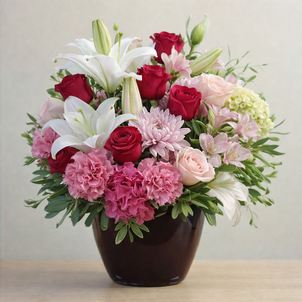 Elegant pink and white lily and rose vase arrangement – Oceanside flower delivery