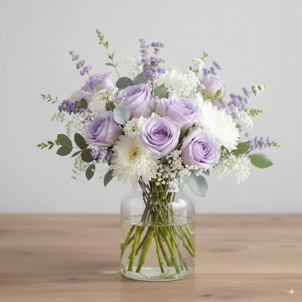 Lavender Grace – Purple & White Glass Vase Arrangement