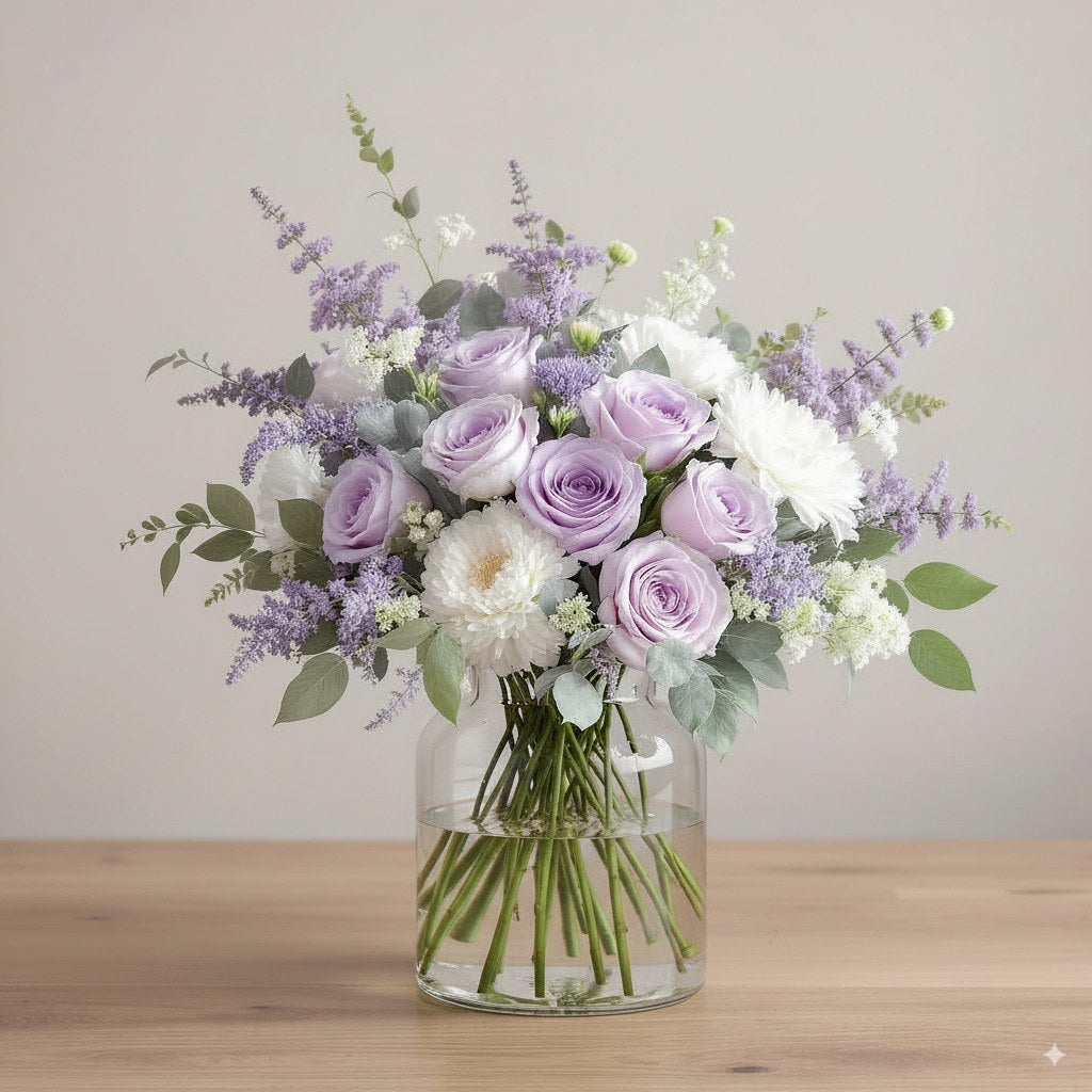 Premium size elegant pastel purple and white floral arrangement with roses, mums, daisies, and full greenery in a clear glass vase — Same-day flowers Carlsbad.