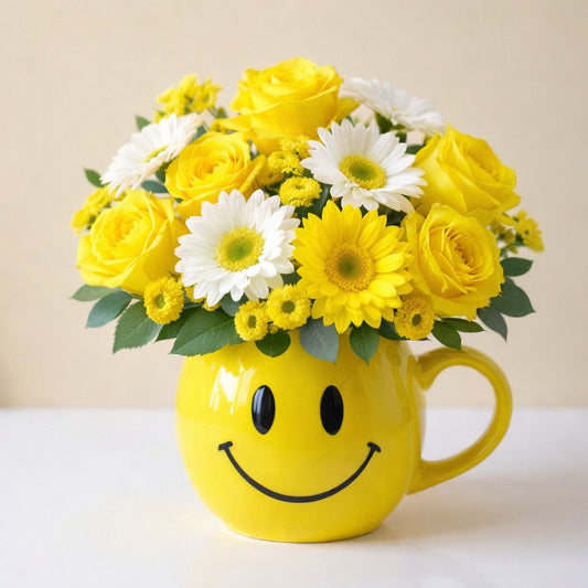 Full size cheerful yellow bouquet with roses, daisies, and mixed flowers arranged in a yellow smiley mug — fresh flowers Oceanside CA.
