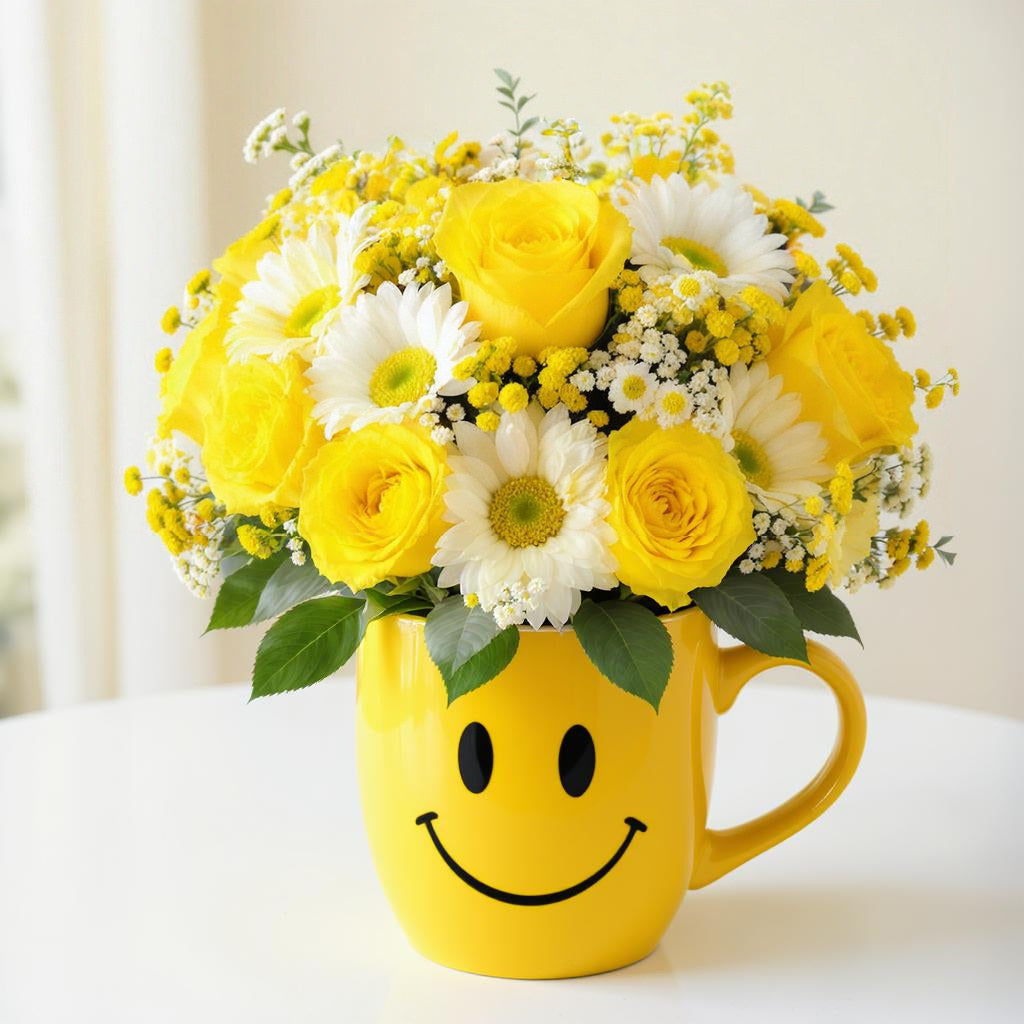 Premium size vibrant yellow mixed flower arrangement with abundant blooms in a yellow smiley mug — fresh flowers Oceanside CA.