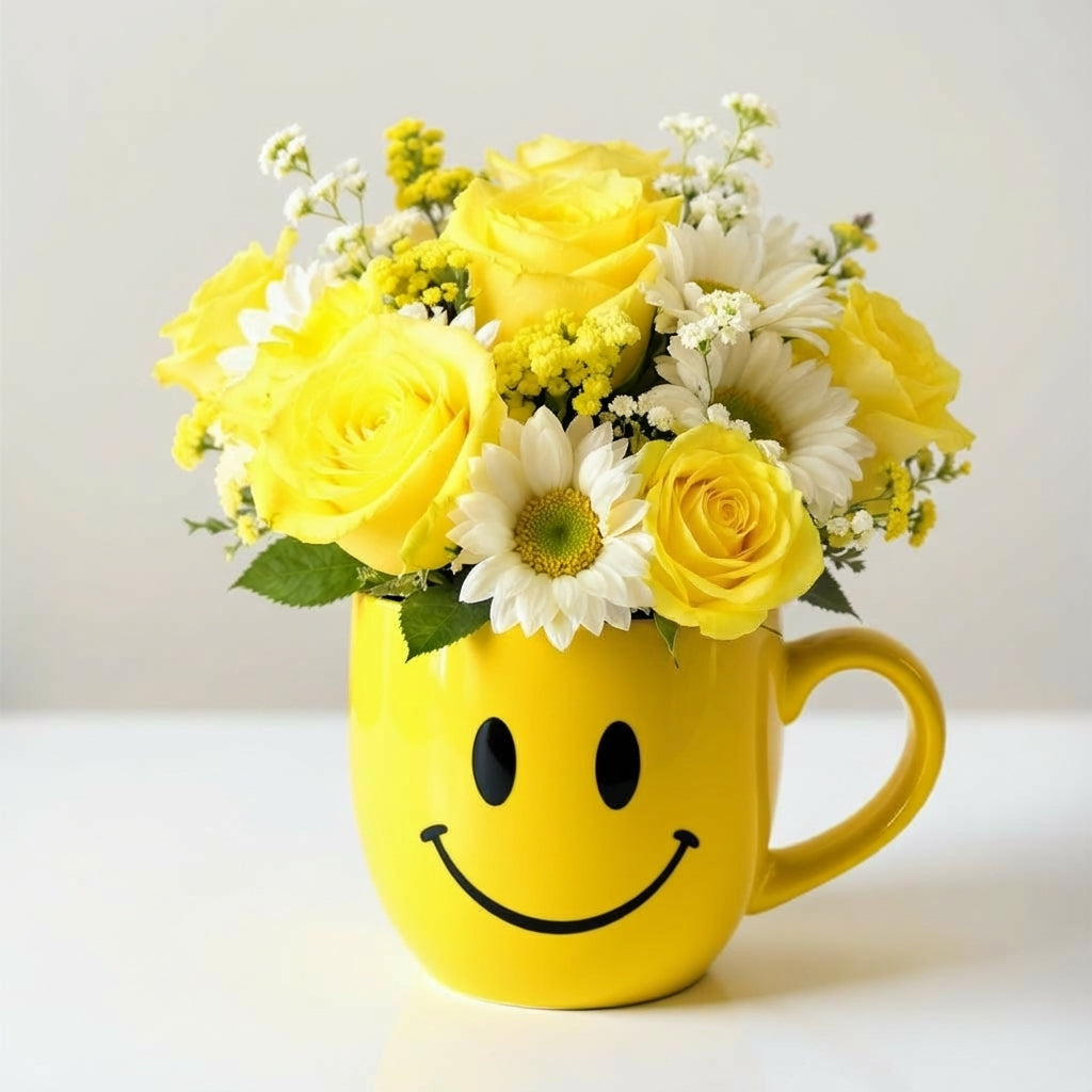 Regular size cheerful yellow bouquet with roses, daisies, and mixed flowers arranged in a yellow smiley mug — fresh flowers Oceanside CA.