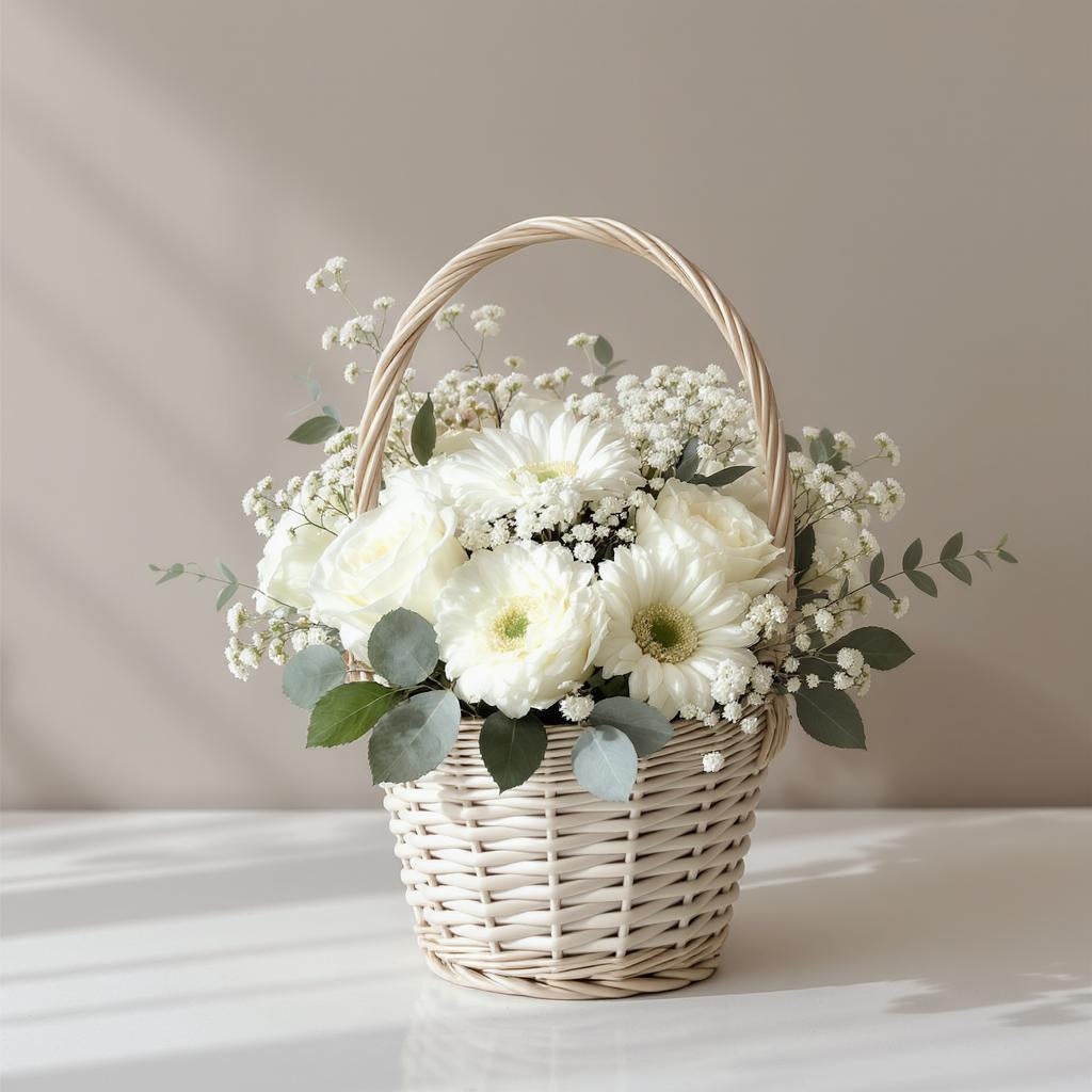 Deluxe size white flower basket featuring roses, daisies, baby’s breath, and lush eucalyptus in a woven basket — Same-day flower delivery Oceanside.