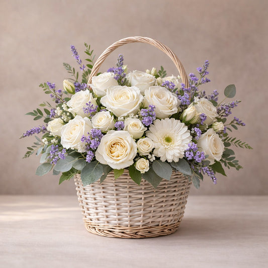 Elegant White Harmony Basket with white roses, gerbera daisy and lavender filler – flower delivery Oceanside CA