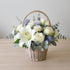Full size white and blue floral basket arrangement with lilies, roses, thistles, and eucalyptus in a woven basket — Carlsbad flower delivery.